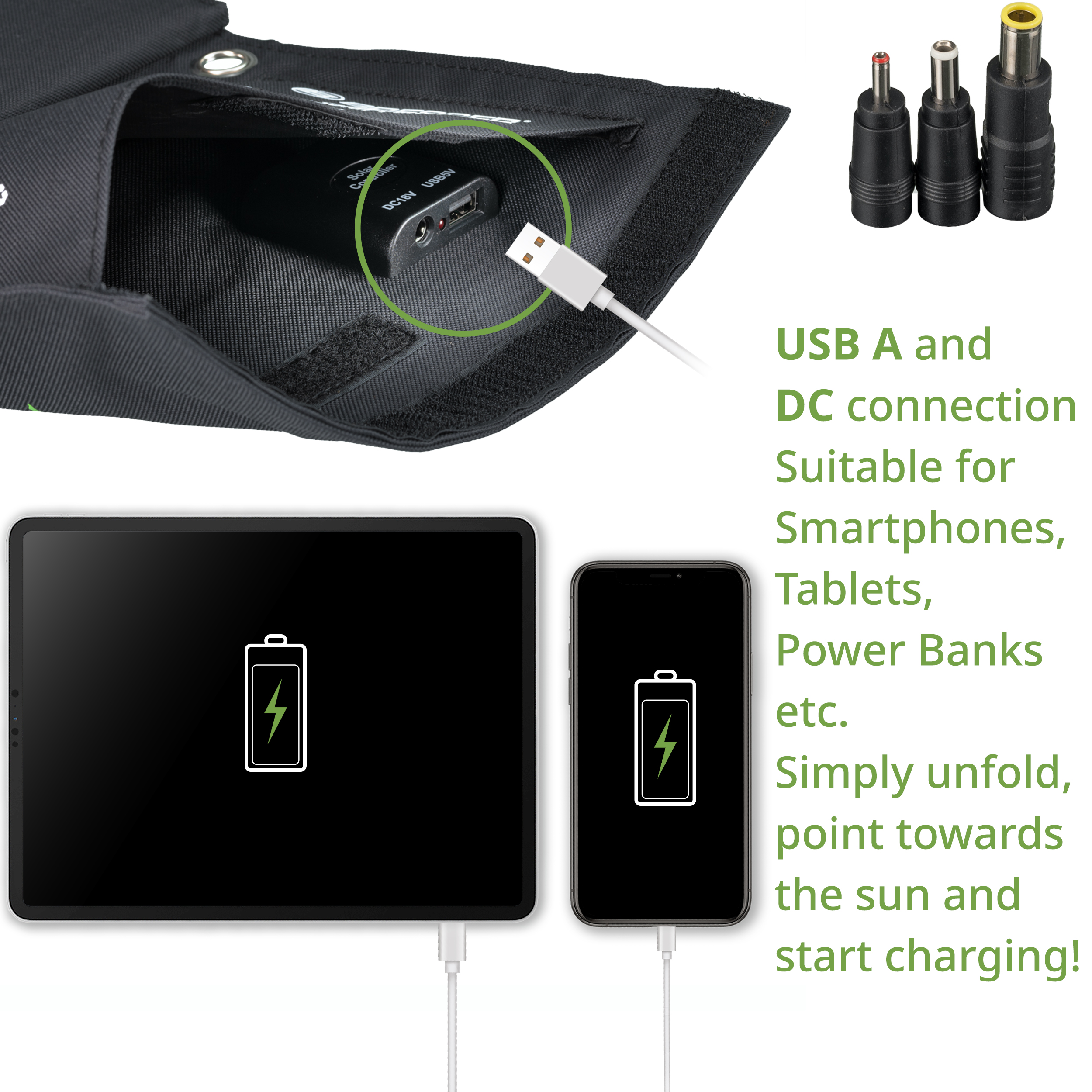 Chargeur solaire portable BRESSER 21 Watt avec port USB et connecteur d’alimentation